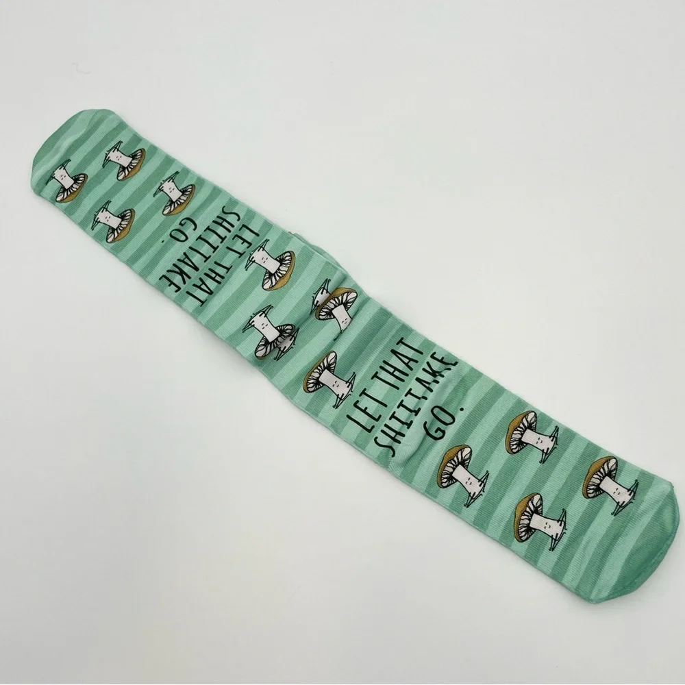 Let That Shitake Go Socks Mushroom Novelty Unisex‎ Pun Green Stripe One Size NWT